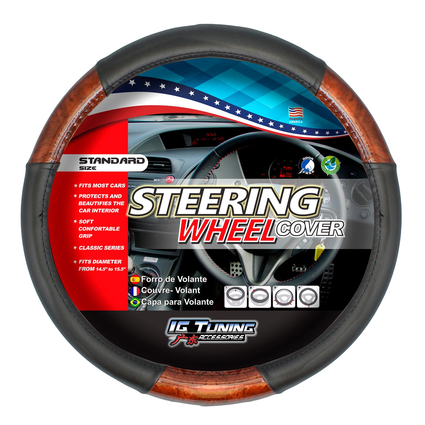 Steering Wheel Cover Black With Wood Detail image 0