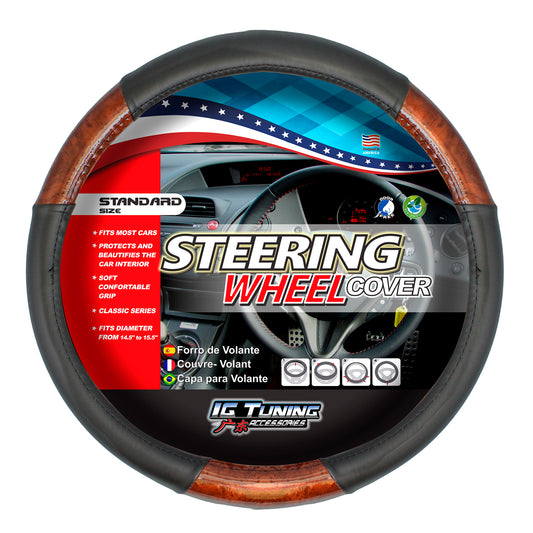 Steering Wheel Cover Black With Wood Detail image 0